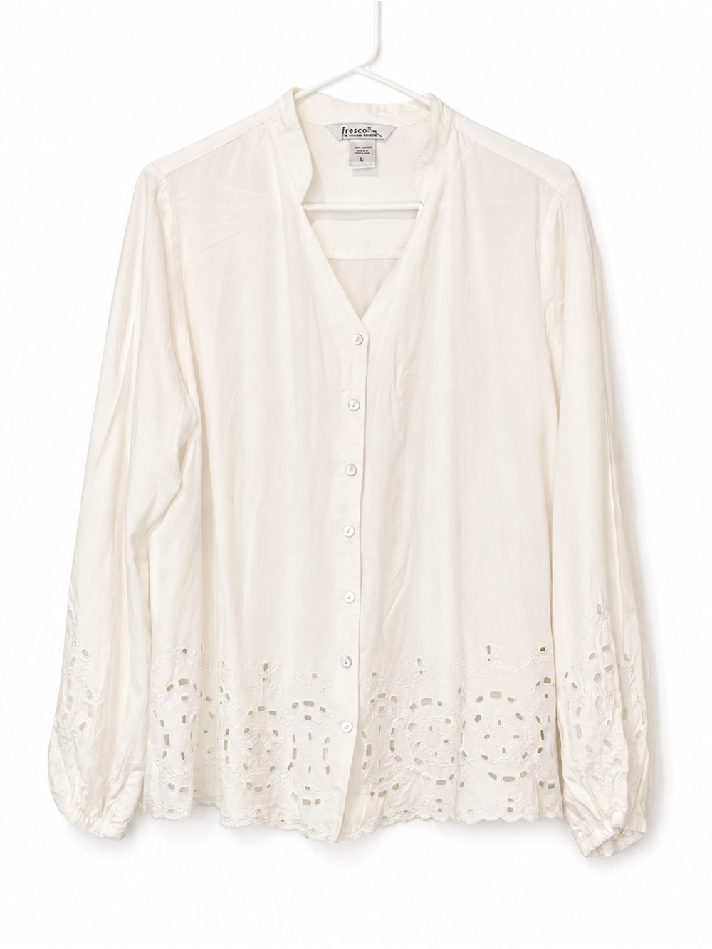 Fresco Nomadic Traders Women’s L White Rayon Eyelet Embroidered Blouse